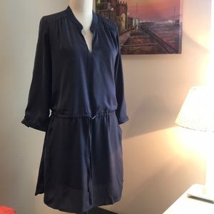 Satin shirt dress, periwinkle hue.